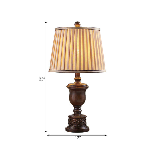 Antique Bedroom Nightstand Lamp - 1 Light Table With Pleated Fabric Shade & Brown Wooden Base