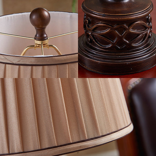 Antique Bedroom Nightstand Lamp - 1 Light Table With Pleated Fabric Shade & Brown Wooden Base