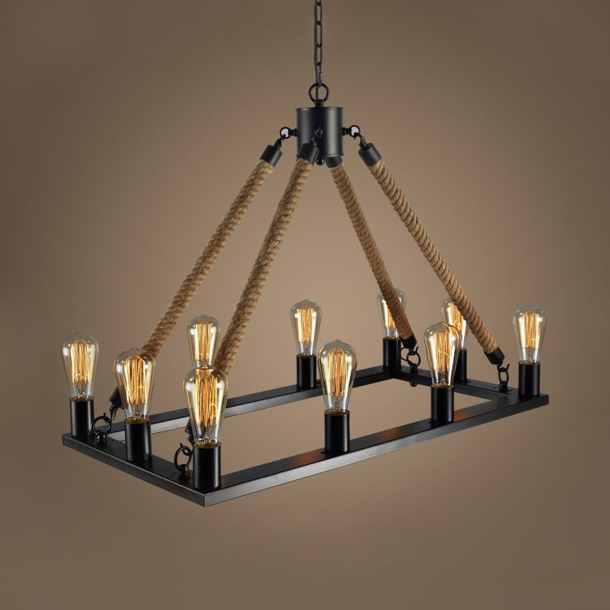 Modern 10/14 Lights Rectangle Hanging Lamp - Loft Style Black Metallic With Rope Island Lighting 10