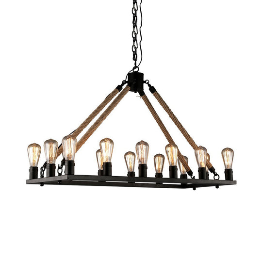 Modern 10/14 Lights Rectangle Hanging Lamp - Loft Style Black Metallic With Rope Island Lighting 14