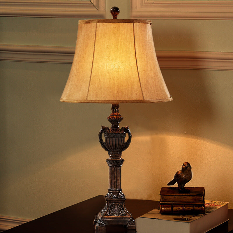 Vintage Resin Bronze Column Table Lamp With Flared Fabric Shade - 1 Light For Living Room Reading