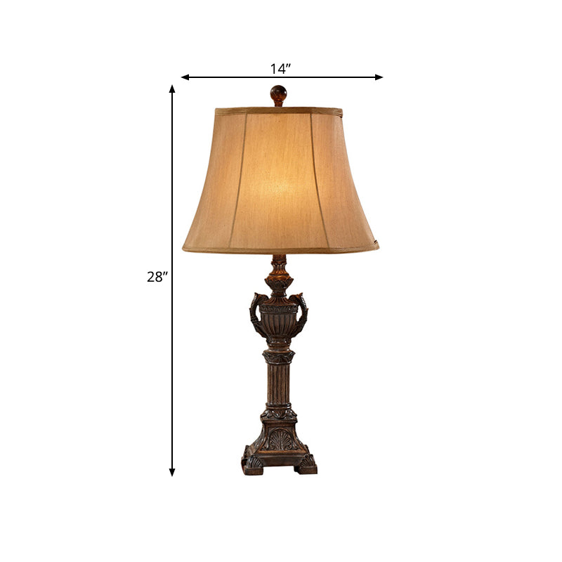 Vintage Resin Bronze Column Table Lamp With Flared Fabric Shade - 1 Light For Living Room Reading