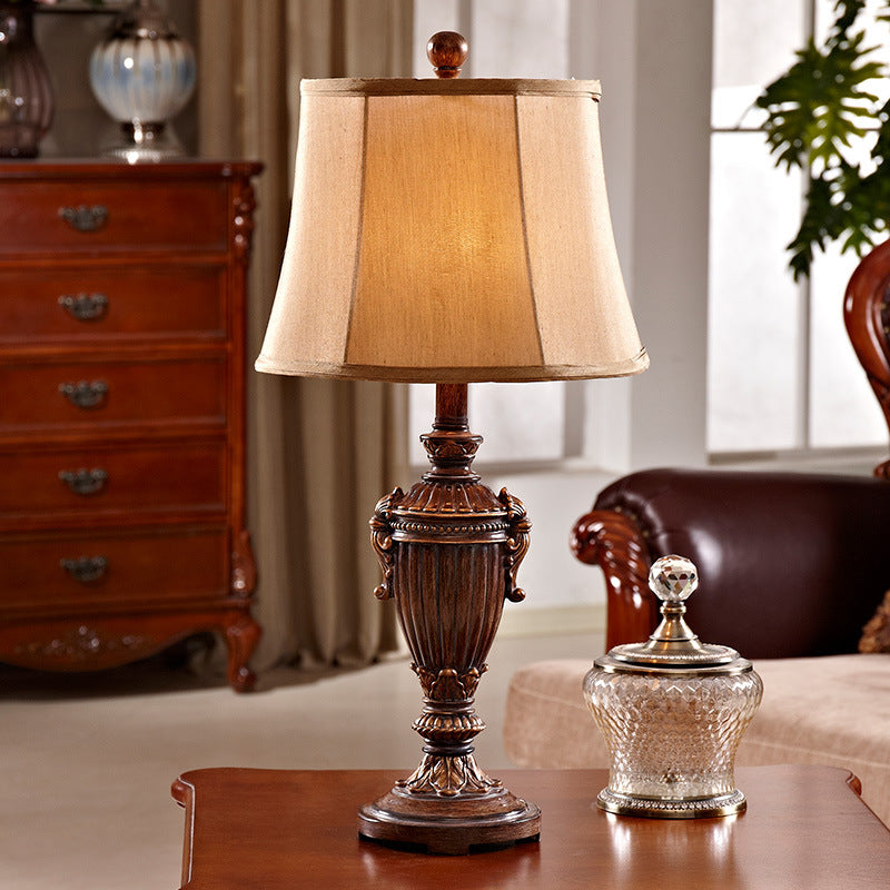 Vintage Resin Red Brown Font Reading Light Table Lamp For Living Room - Paneled Bell Shade Design