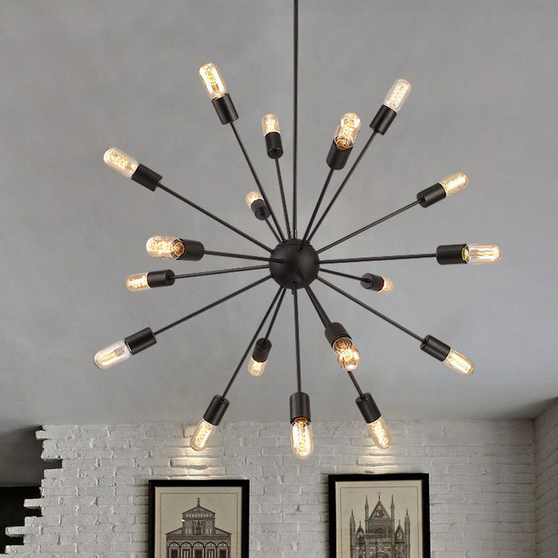 Iron Black Pendant Chandelier: Sunburst Design 18 Heads Industrial Suspension Light For Dining Room