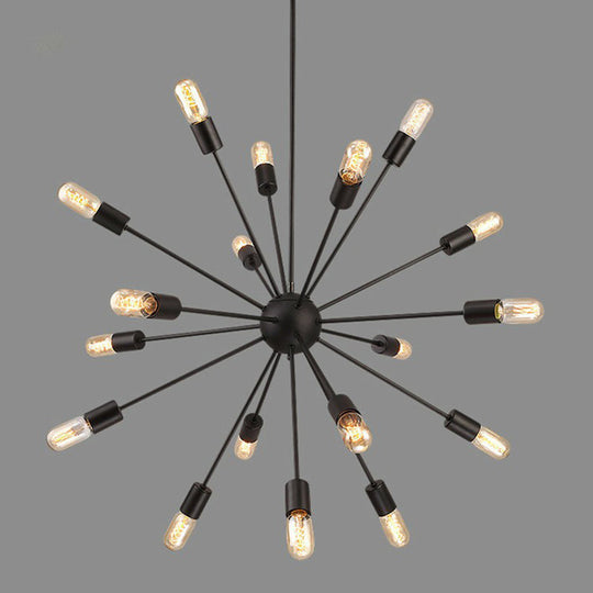 Iron Black Pendant Chandelier: Sunburst Design 18 Heads Industrial Suspension Light For Dining Room