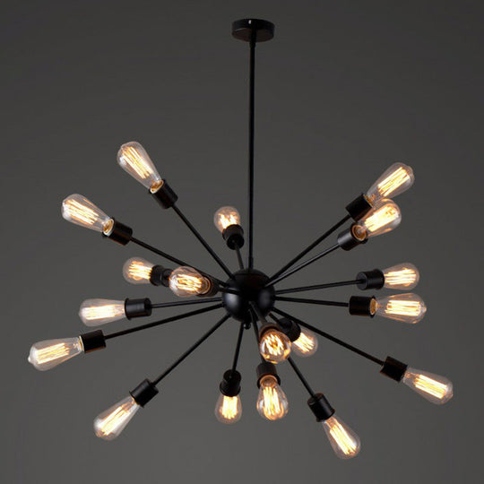 Iron Black Pendant Chandelier: Sunburst Design 18 Heads Industrial Suspension Light For Dining Room