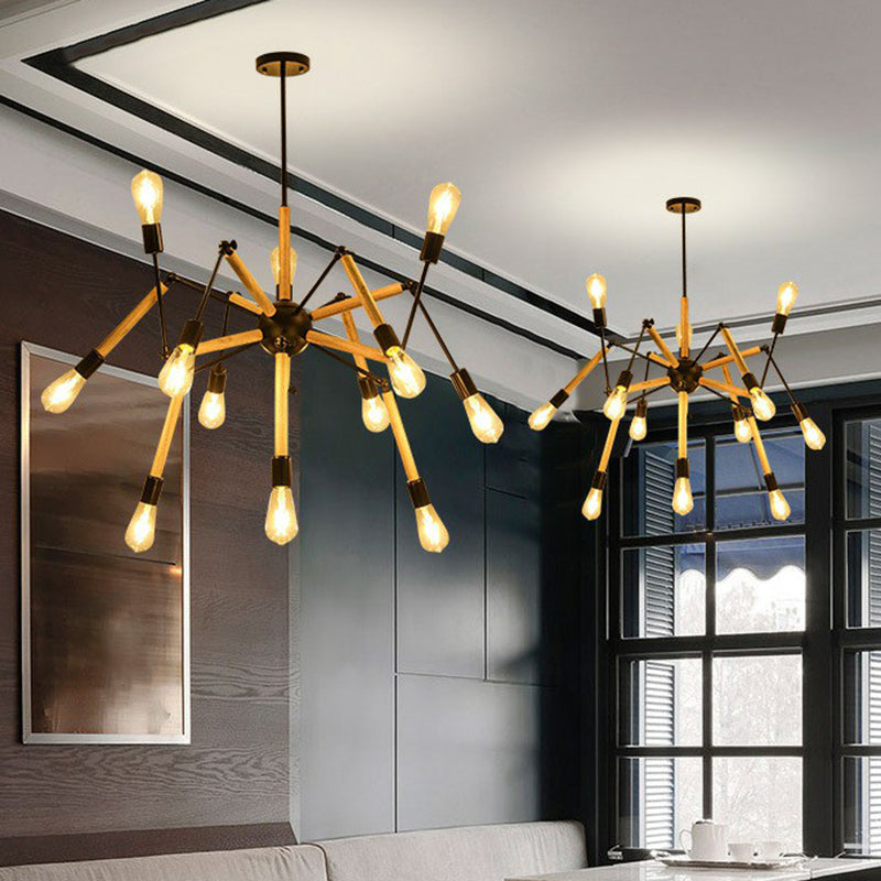 Black Spider Suspension Chandelier With 12 Wooden Bulbs - Loft Style Lighting For Restaurants