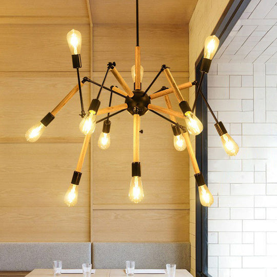 Black Spider Suspension Chandelier With 12 Wooden Bulbs - Loft Style Lighting For Restaurants