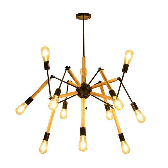 Black Spider Suspension Chandelier With 12 Wooden Bulbs - Loft Style Lighting For Restaurants