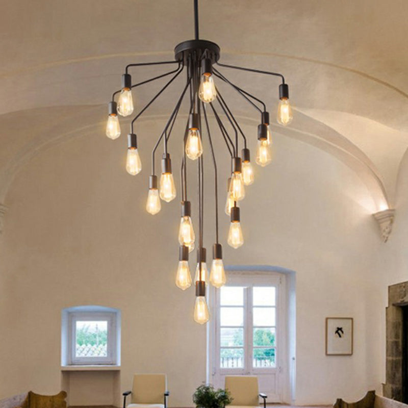 Rustic Black Cascade Chandelier with Exposed Bulb Design - Hanging Ceiling Light