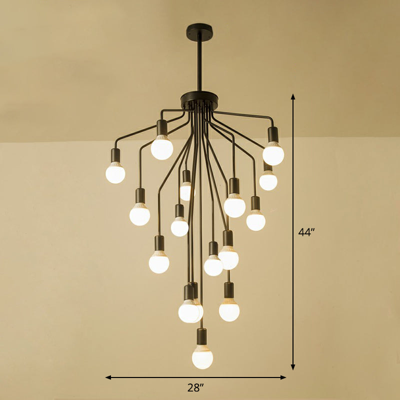 Rustic Black Metallic Cascade Chandelier With Exposed Bulb Design - Hanging Ceiling Light 16 /