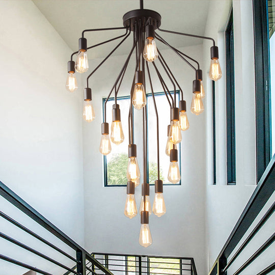 Rustic Black Cascade Chandelier with Exposed Bulb Design - Hanging Ceiling Light