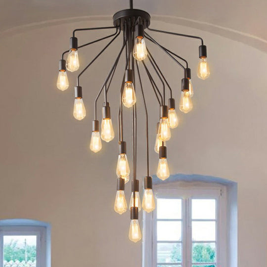 Rustic Black Cascade Chandelier with Exposed Bulb Design - Hanging Ceiling Light