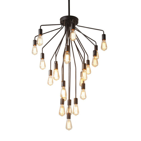 Rustic Black Cascade Chandelier with Exposed Bulb Design - Hanging Ceiling Light