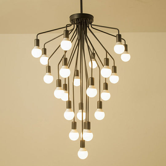 Rustic Black Metallic Cascade Chandelier With Exposed Bulb Design - Hanging Ceiling Light