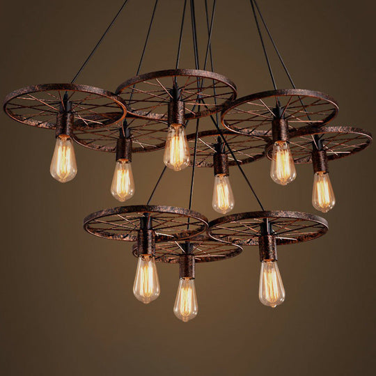 Loft Style Wagon Wheel Chandelier - Cast Iron Suspension Pendant Light For Dining Room 9 / Rust