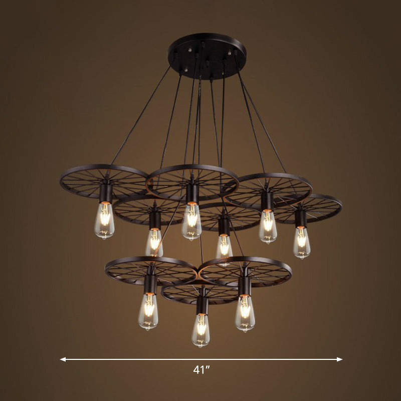 Loft Style Wagon Wheel Chandelier - Cast Iron Suspension Pendant Light For Dining Room 9 / Black