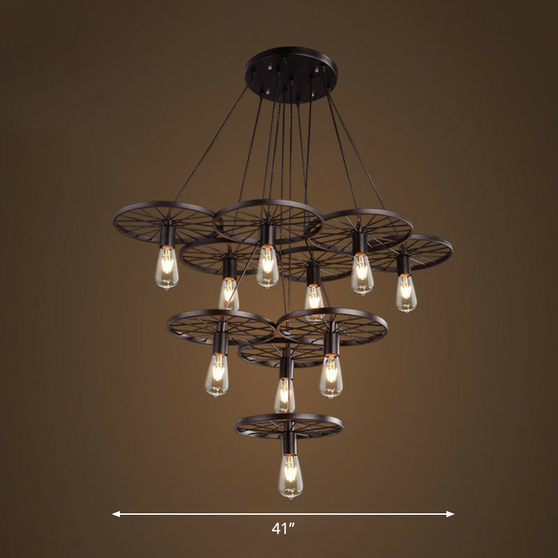 Loft Style Wagon Wheel Chandelier - Cast Iron Suspension Pendant Light For Dining Room 10 / Black