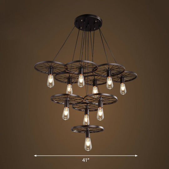 Loft Style Wagon Wheel Chandelier - Cast Iron Suspension Pendant Light For Dining Room 10 / Black