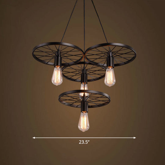 Loft Style Wagon Wheel Chandelier - Cast Iron Suspension Pendant Light For Dining Room 4 / Black