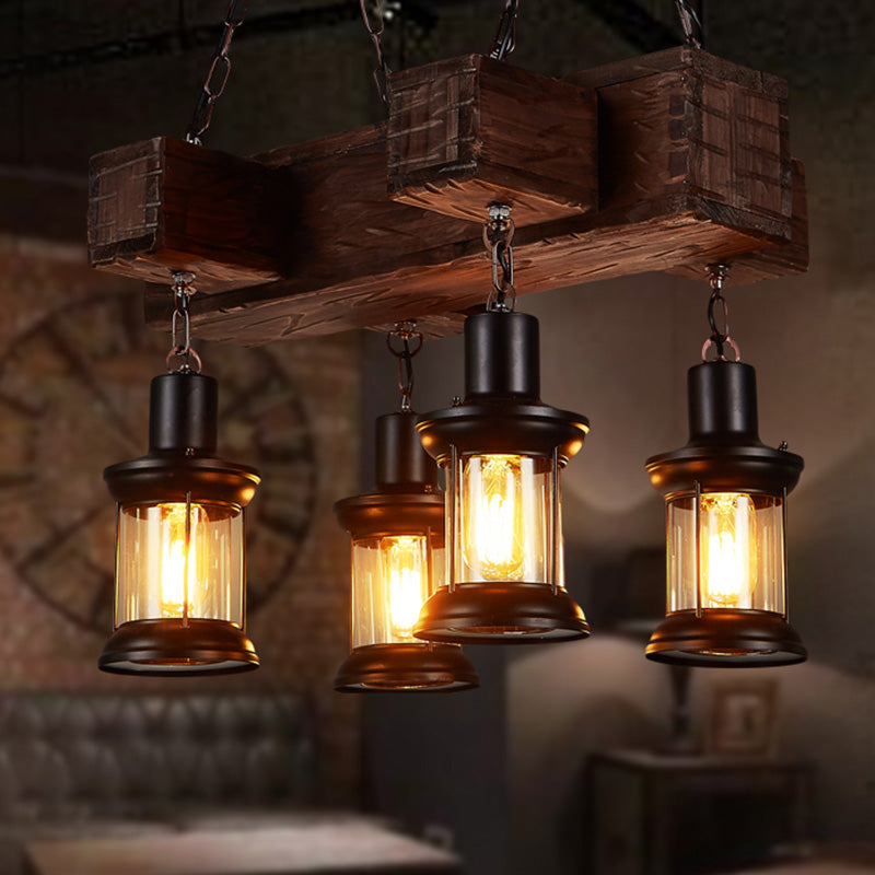 Rustic Wooden Brown Ceiling Light Lantern - 6-Bulb Hanging Island Lamp For Restaurants