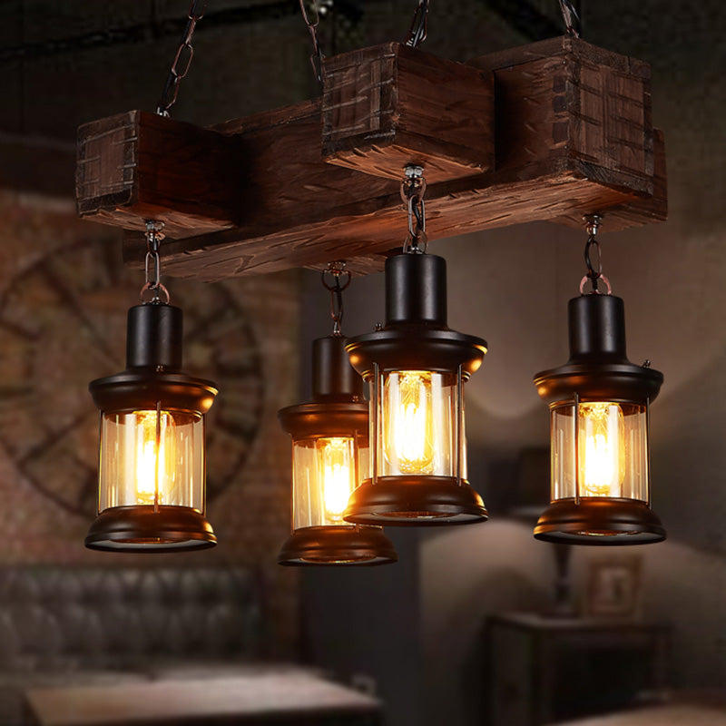 Rustic Wooden Brown Ceiling Light Lantern - 6-Bulb Hanging Island Lamp For Restaurants