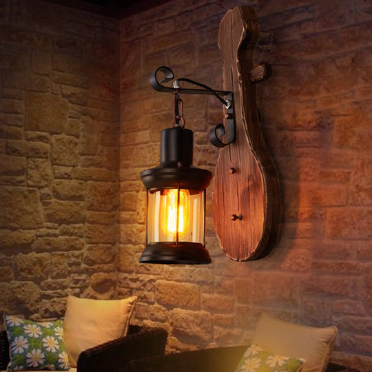 Nautical Wood Sconce Wall Light With Lantern Lampshade - Novelty Guitar Design