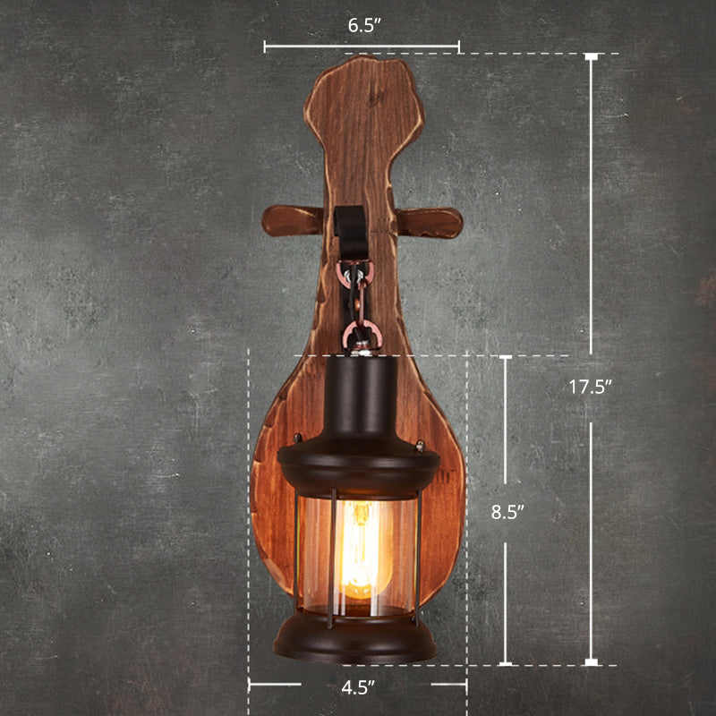 Nautical Wood Sconce Wall Light With Lantern Lampshade - Novelty Guitar Design