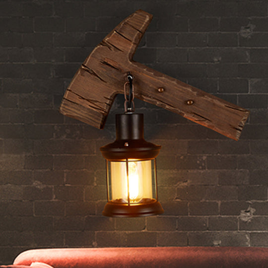 Farmhouse Wooden Wall Sconce With Lantern Shade For Bistro Lighting