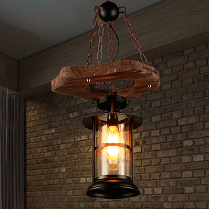 Coastal Clear Glass Cylindrical Wood Pendant Light - Ideal for Restaurants