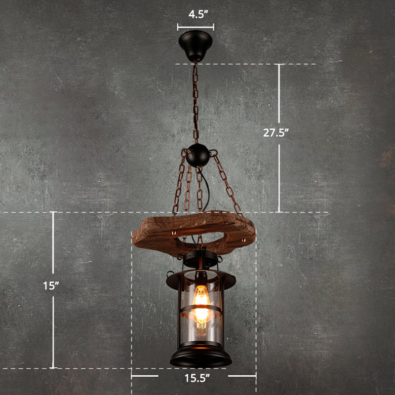 Coastal Clear Glass Pendant Light For Restaurants - Wood 1-Head Cylindrical Ceiling Fixture