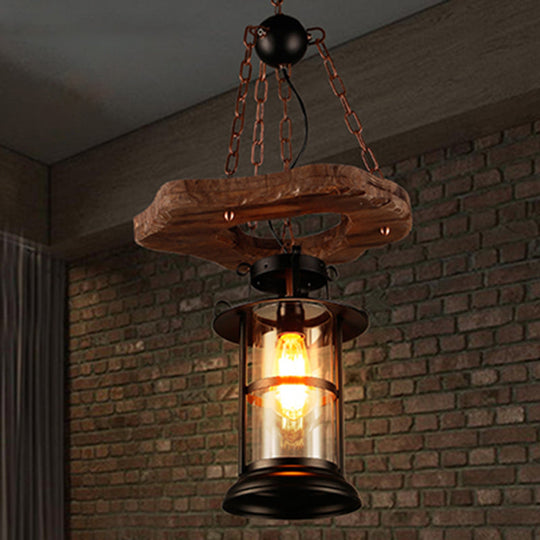 Coastal Clear Glass Cylindrical Wood Pendant Light - Ideal for Restaurants