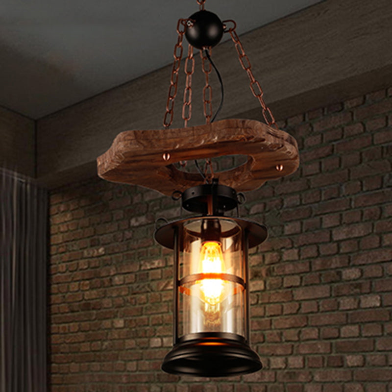 Coastal Clear Glass Pendant Light For Restaurants - Wood 1-Head Cylindrical Ceiling Fixture