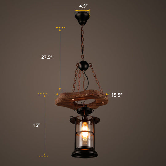 Coastal Clear Glass Pendant Light For Restaurants - Wood 1-Head Cylindrical Ceiling Fixture