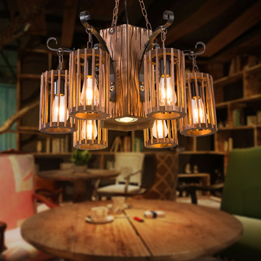 Cage Style Industrial Wooden Chandelier For Living Room - Brown And Black Suspension Light Fixture