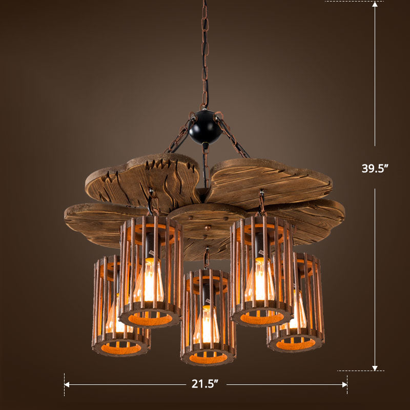 Cage Style Industrial Wooden Chandelier For Living Room - Brown And Black Suspension Light Fixture 5