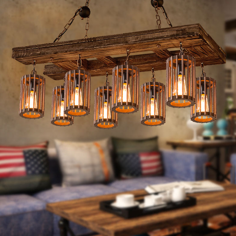 Cage Style Industrial Chandelier: Wooden Brown and Black Suspension Light for Living Room