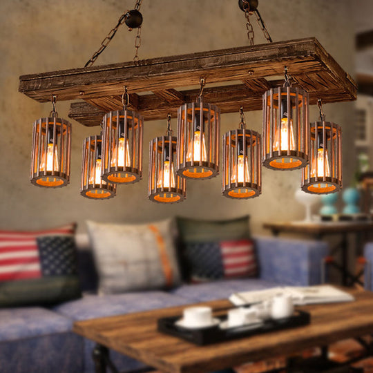 Cage Style Industrial Wooden Chandelier For Living Room - Brown And Black Suspension Light Fixture