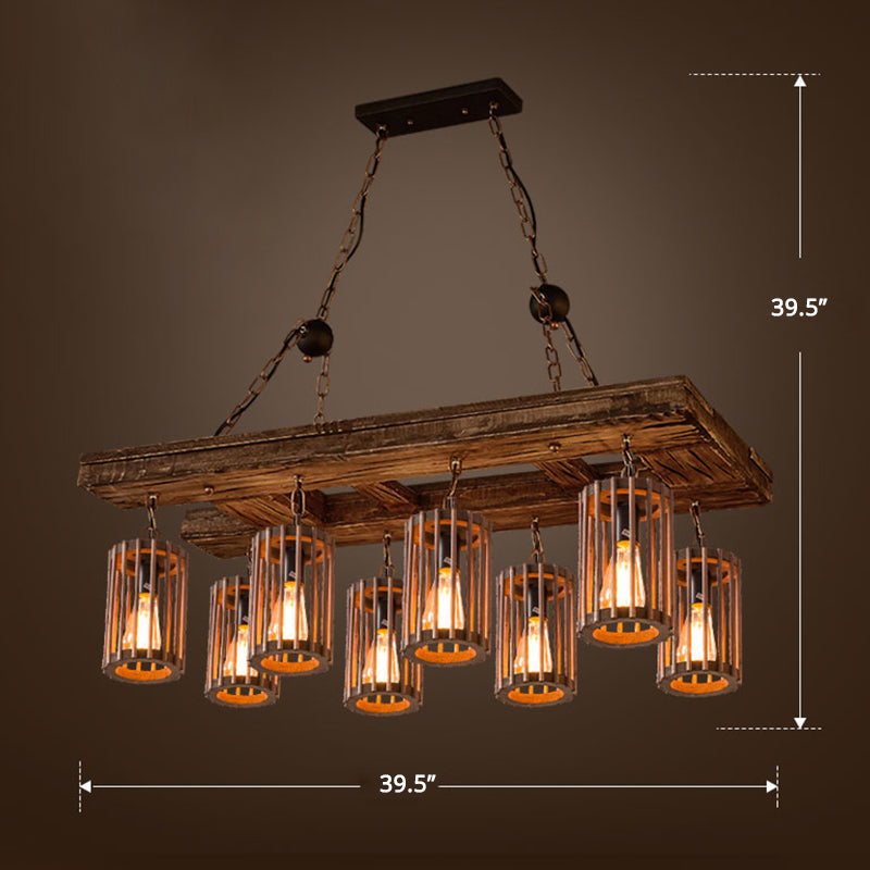 Cage Style Industrial Wooden Chandelier For Living Room - Brown And Black Suspension Light Fixture 8