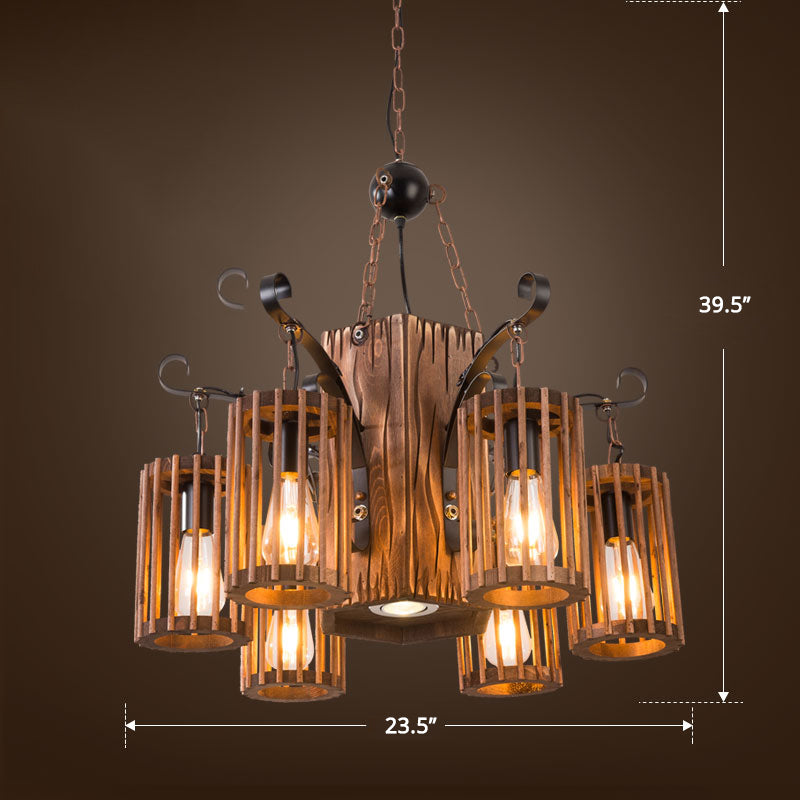 Cage Style Industrial Wooden Chandelier For Living Room - Brown And Black Suspension Light Fixture 6