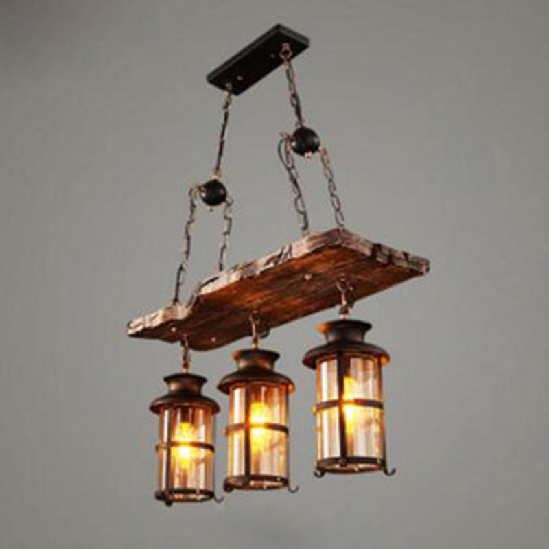 Nautical Clear Glass Cylinder Chandelier With Wooden Plank Décor And 3 Hanging Lights In Brown