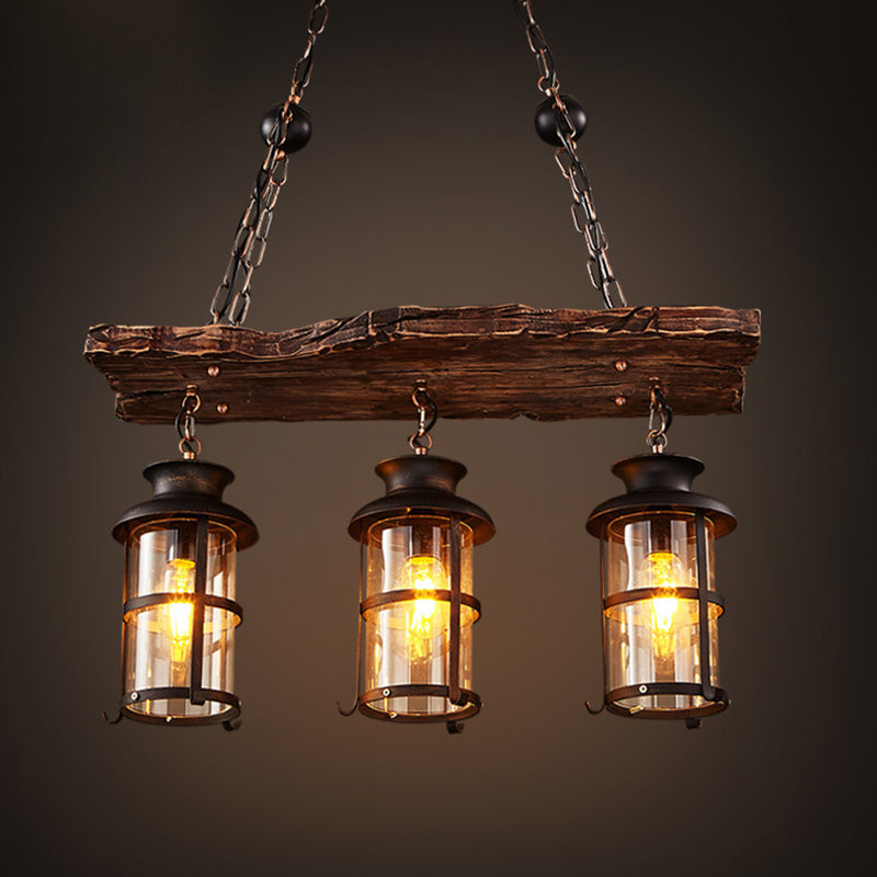 Nautical Clear Glass Cylinder Chandelier With Wooden Plank Décor And 3 Hanging Lights In Brown