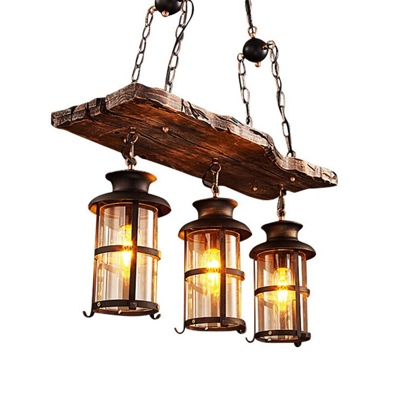 Nautical Clear Glass Cylinder Chandelier With Wooden Plank Décor And 3 Hanging Lights In Brown