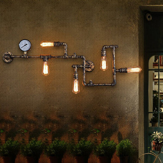 Industrial Metal Wall Lamp With 5 Lights And Water Gauge Deco - Perfect For Piping Restaurant Décor