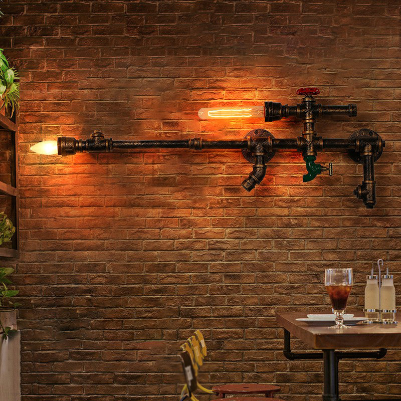 Industrial Pipe Wall Mount Light With Wrought Iron Sconce - 2 Head Rustic Lighting