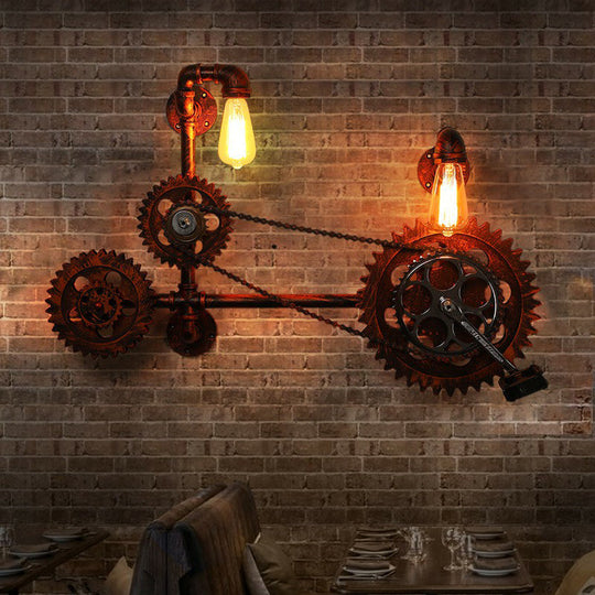 Industrial Pipe Wall Mount Light With Wrought Iron Sconce - 2 Head Rustic Lighting