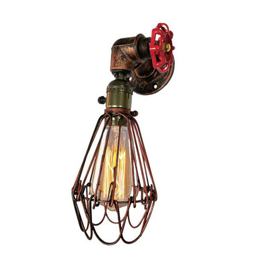 Rust Red Metallic 1-Bulb Cage Wall Light Fixture | Warehouse Sconce For Living Room