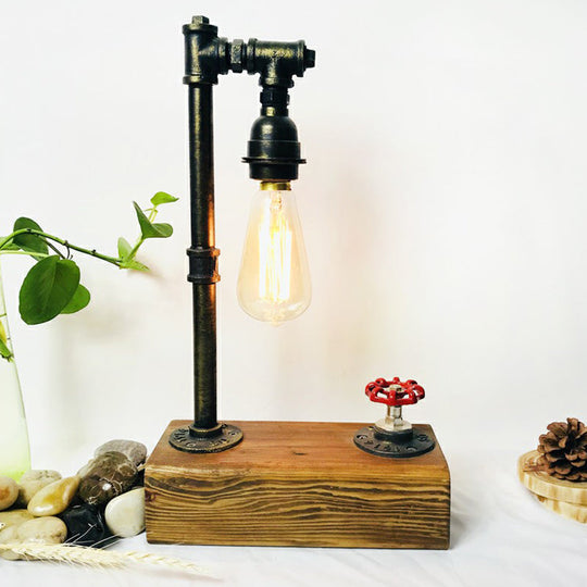 Industrial Iron 1-Light Bedroom Night Lamp With Bronze Finish Wooden Base And Dimmer Switch