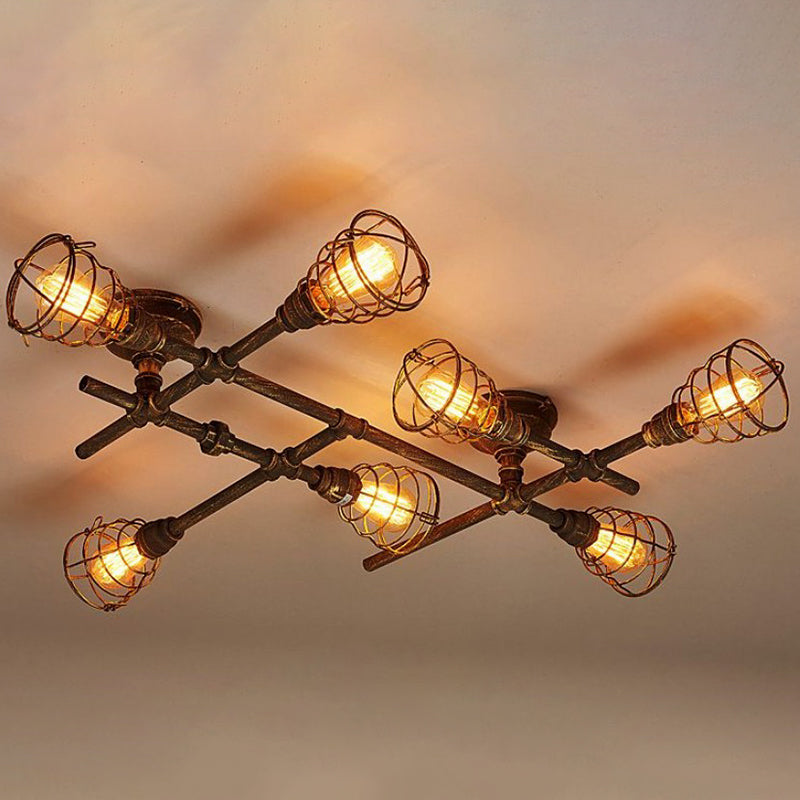 Piping Industrial Antiqued Bronze Metal Semi Flush Mount Ceiling Light with Cage