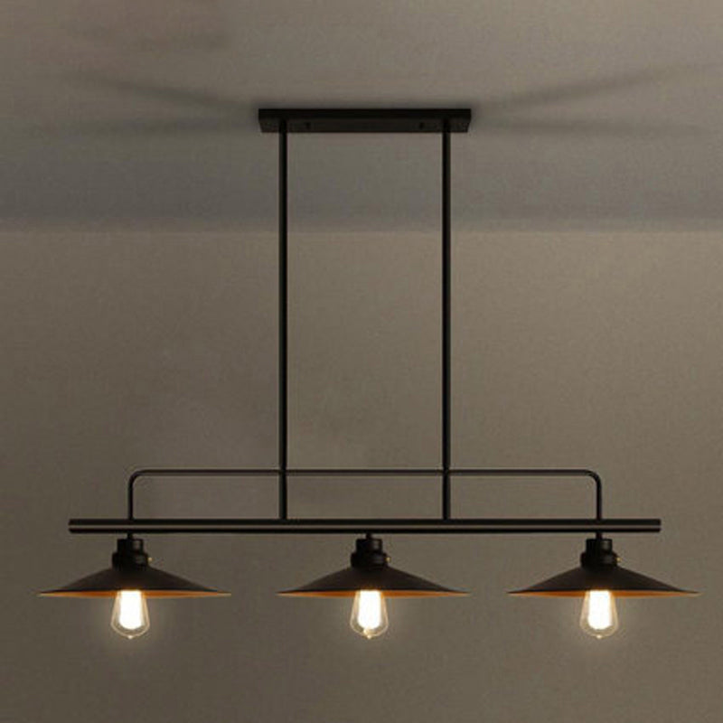 Vintage Black Metal Saucer Suspension Island Lamp With 3 Lights For Dining Room